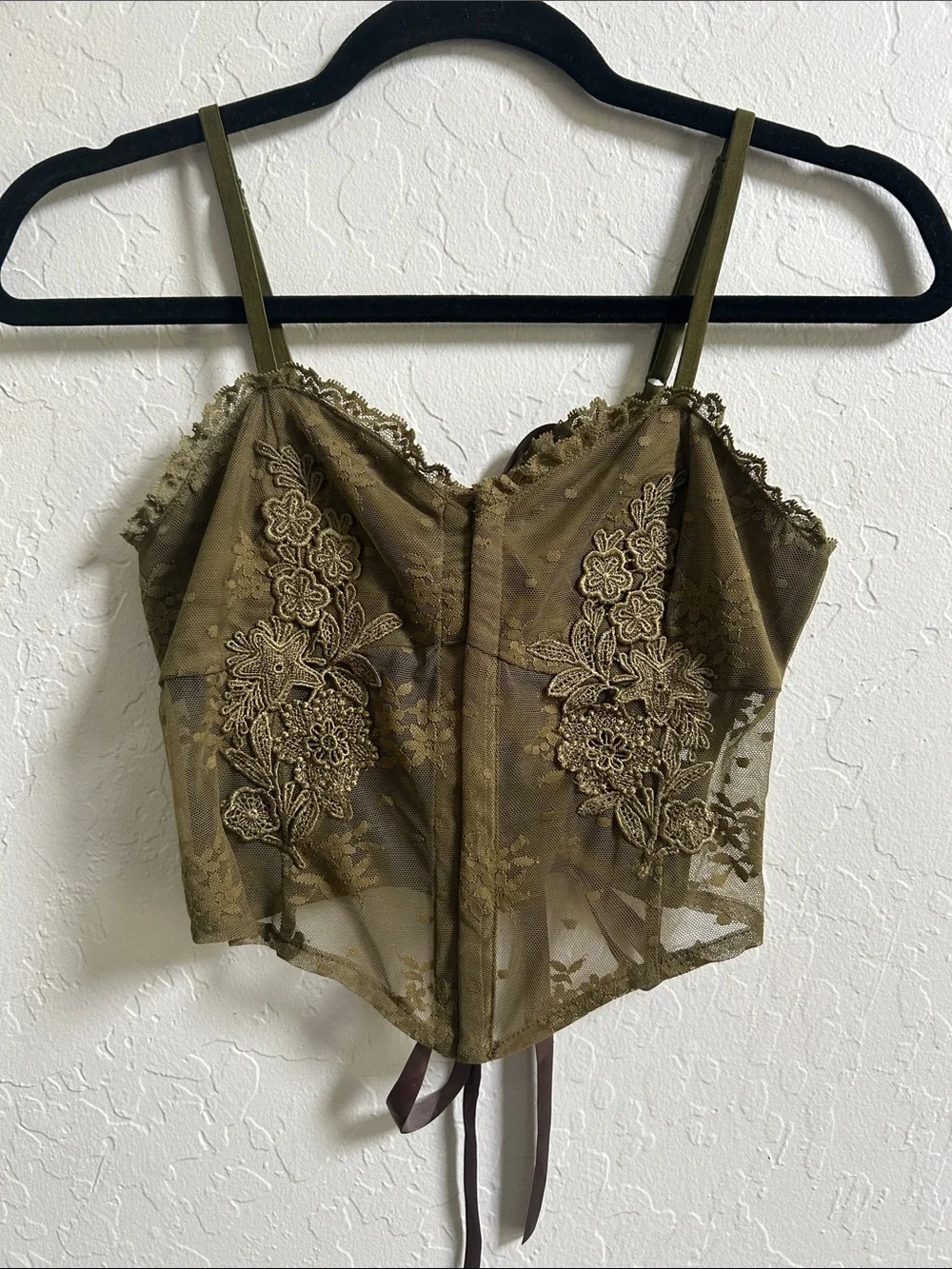 Olive Green Lace Appliqué Bustier Top with matching ribbon corset back - Picture 1 of 3